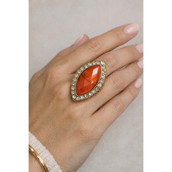 Jewelry - Gold Tone Orange Marquise Resin Rhinestone Leaf Engraved Statement Ring Size 7.5